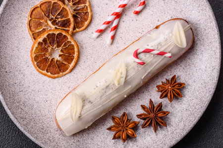 Sweet eclair with chocolate filling covered with white glaze on dark concrete backgroundの写真素材