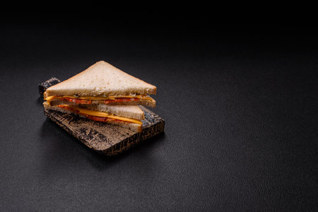 Sandwich with ham, salami, tomatoes, mustard, salt and spices on dark concrete backgroundの写真素材