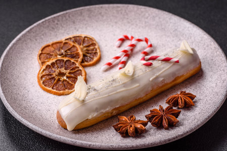 Sweet eclair with chocolate filling covered with white glaze on dark concrete backgroundの写真素材