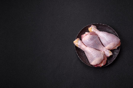 Raw chicken or turkey legs with salt, spices and herbs on dark concrete backgroundの写真素材