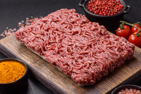 Fresh raw ground minced beef with salt and spices on textured concrete background