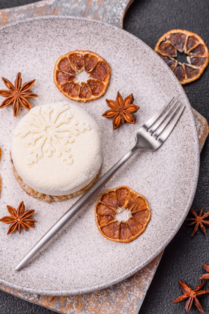 Sweet round tart with berry filling, covered with white chocolateの写真素材