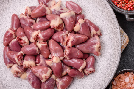 Raw chicken hearts with salt, spices and herbs on a dark concrete background