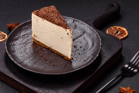 Slice of sweet cheesecake sprinkled with chopped chocolate on dark concrete backgroundの写真素材
