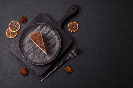 Slice of sweet cheesecake sprinkled with chopped chocolate on dark concrete backgroundの写真素材