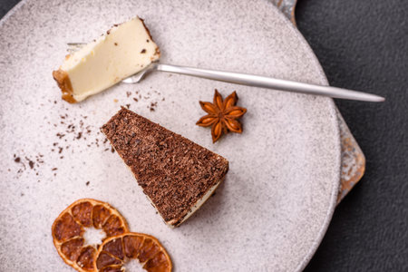 Slice of sweet cheesecake sprinkled with chopped chocolate on dark concrete backgroundの写真素材