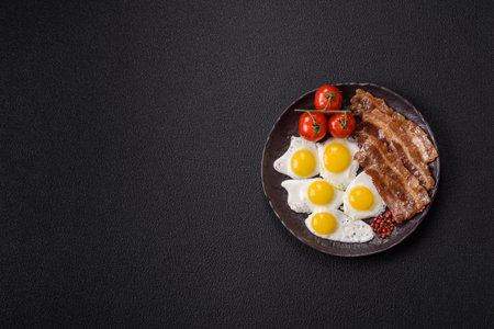 A hearty, delicious breakfast with fried eggs, bacon and tomatoes with salt, spices and herbsの写真素材
