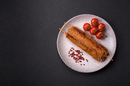Lula kebab meat fried on a fire in breading with salt, spices and herbs on a dark concrete...