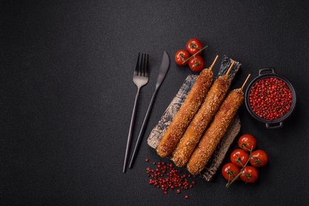 Lula kebab meat fried on a fire in breading with salt, spices and herbs on a dark concrete backgroundの写真素材
