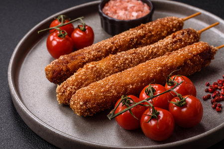 Lula kebab meat fried on a fire in breading with salt, spices and herbs on a dark concrete backgroundの写真素材