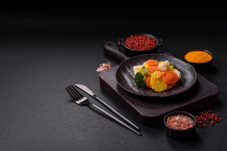 Delicious fresh vegetables steamed carrots, broccoli, cauliflower on a black plate on a dark concrete backgroundの写真素材