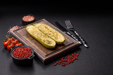 Delicious zucchini cut into two halves baked with salt, spices and herbs on a dark concrete backgroundの写真素材