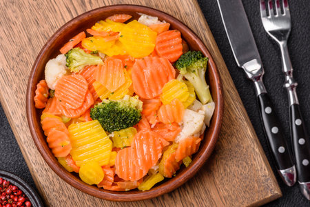 Delicious fresh vegetables steamed carrots, broccoli, cauliflower on a black plate on a dark concrete backgroundの写真素材