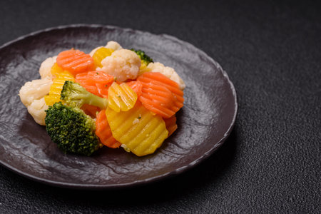 Fresh vegetables steamed carrots, broccoli, cauliflower on a black plate on a dark concrete backgroundの写真素材