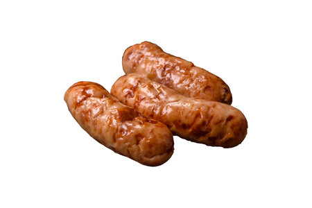 Grilled sausages with spices and herbs. Top view flat lay. With copy spaceの写真素材