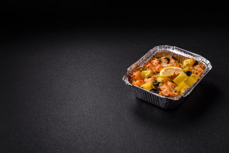 Baked fish pieces with potatoes, cheese and olives with salt, spices and herbs on a dark concrete...