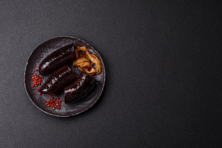 Delicious black blood sausage or black pudding with spices and herbs grilled on a black concrete backgroundの写真素材