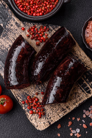 Delicious black blood sausage or black pudding with spices and herbs grilled on a black concrete backgroundの写真素材
