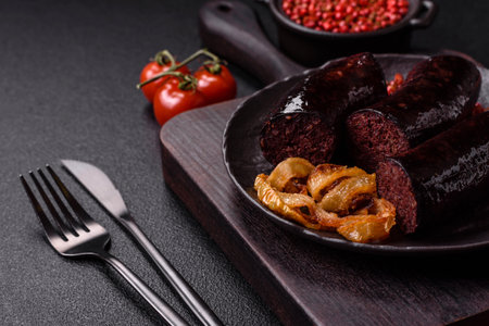 Delicious black blood sausage or black pudding with spices and herbs grilled on a black concrete backgroundの写真素材