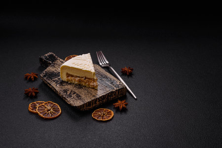 Piece of cheesecake with nuts and berries with winter pattern on dark concrete backgroundの写真素材