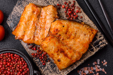 Grilled fish fillet with salt, spices and herbs on dark concrete background