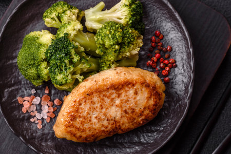 Delicious fresh green broccoli steamed in a ceramic plate on a textured concrete backgroundの写真素材