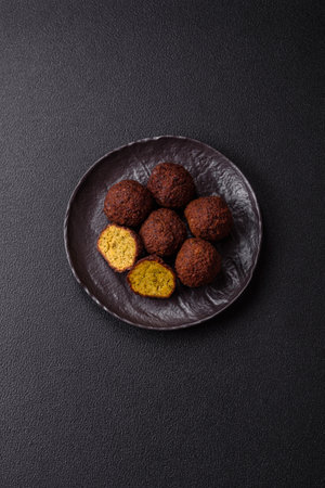 Fried chickpea falafel balls with salt, spices and herbs. Vegetarian and vegan dishの写真素材