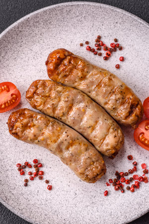 Juicy chicken or pork sausages with salt and spices baked on the grill on a dark concrete backgroundの写真素材
