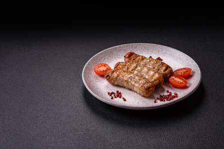 Juicy chicken or pork sausages with salt and spices baked on the grill on a dark concrete background