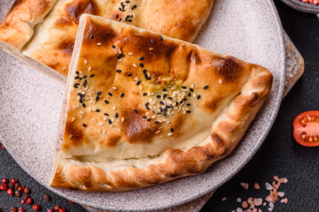 Cheburek meat pastry pie with herbs. Black concrete background. Top view