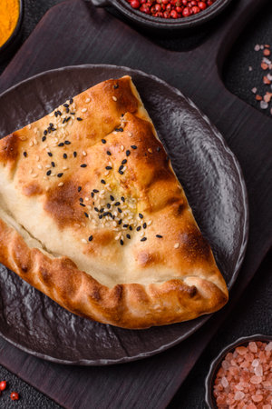 Cheburek meat pastry pie with herbs. Black concrete background. Top viewの写真素材