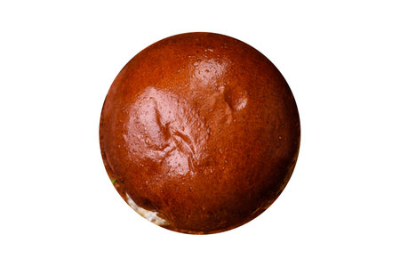 Delicious burger with beef patty, fried egg, bacon, herbs, sauce, salt and spices on a white backgroundの写真素材