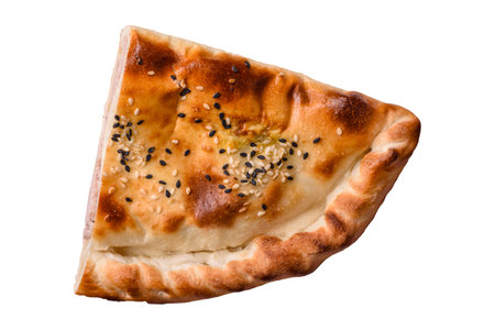 Cheburek meat pastry pie with herbs. White background. Top viewの写真素材