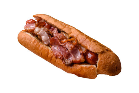 Delicious juicy hot dog with sausage, bacon, sauce, salt and spices on a white backgroundの写真素材
