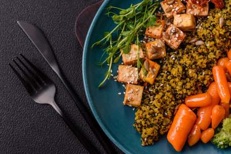 Quinoa bowl with tofu, steamed vegetables, grains, seeds and spices on a dark concrete backgroundの写真素材