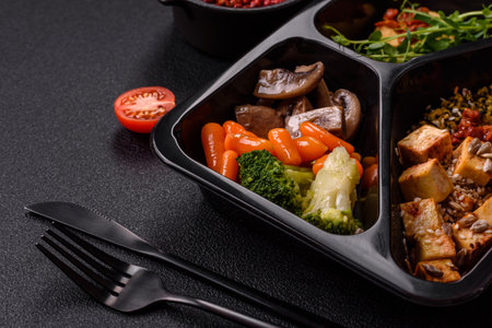 Quinoa bowl with tofu, steamed vegetables, grains, seeds and spices on a dark concrete background