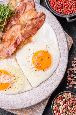 A hearty breakfast with fried eggs, bacon, tomatoes, microgreens, salt, spices and herbsの写真素材