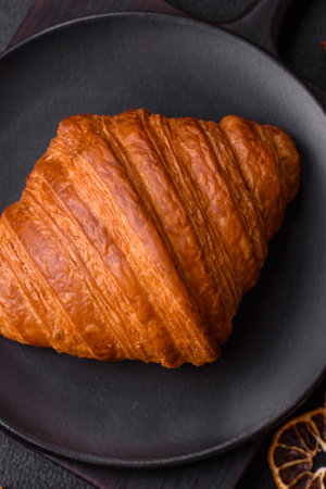 Sweet fresh crispy croissant with chocolate filling on dark concrete backgroundの写真素材
