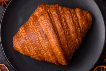 Sweet fresh crispy croissant with chocolate filling on dark concrete backgroundの写真素材