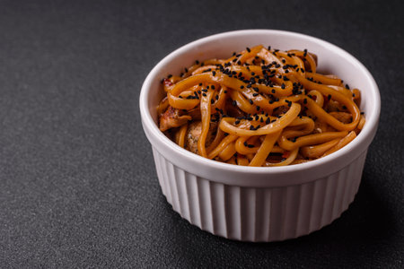 Delicious Asian food udon with noodles, chicken, hot pepper, vegetables, salt and spicesの写真素材