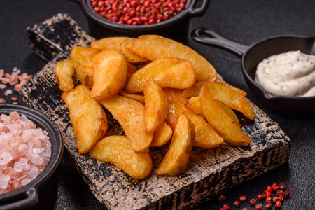 Baked potato wedges with cheese and herbs on a dark background. Homemade organic vegetable vegan...