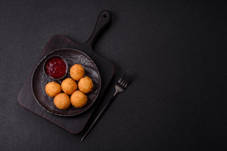Crispy French fries with camembert or mozzarella cheese with cranberry or raspberry sauceの写真素材