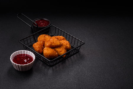 Brie cheese or camembert fries in breading, takeaway on a dark concrete backgroundの写真素材
