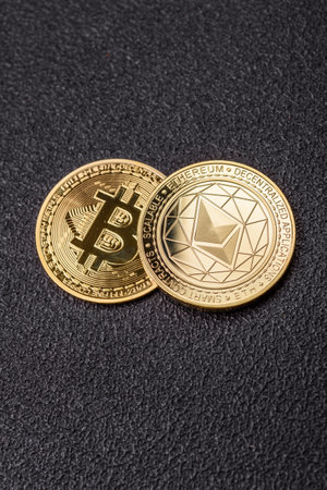 Ethereum cryptocurrency dummy in the form of a round iron coin. Conceptual background for your...
