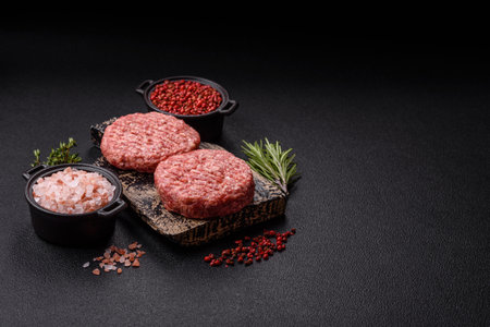 Fresh raw ground beef burger patty with salt and spices on textured concrete backgroundの写真素材
