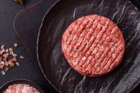 Fresh raw ground beef burger patty with salt and spices on textured concrete backgroundの写真素材