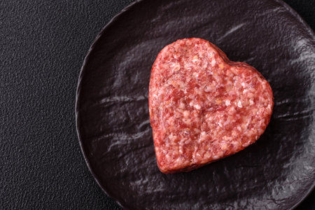 Raw beef or pork burger patty in the shape of a heart with salt, spices and herbsの写真素材