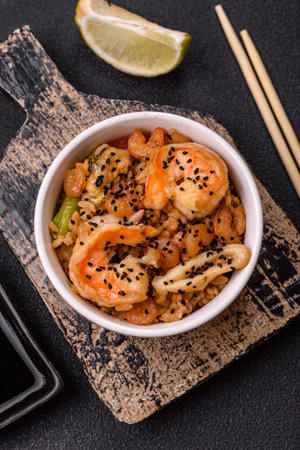 Rice with shrimps and seafood, vegetables, spices and soy sauce on dark concrete backgroundの写真素材