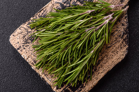 Fresh green rosemary sprigs prepared for cooking, on dark concrete backgroundの写真素材