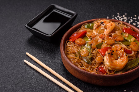 Glass noodles with shrimps and seafood, vegetables, spices and soy sauce on dark concrete backgroundの写真素材